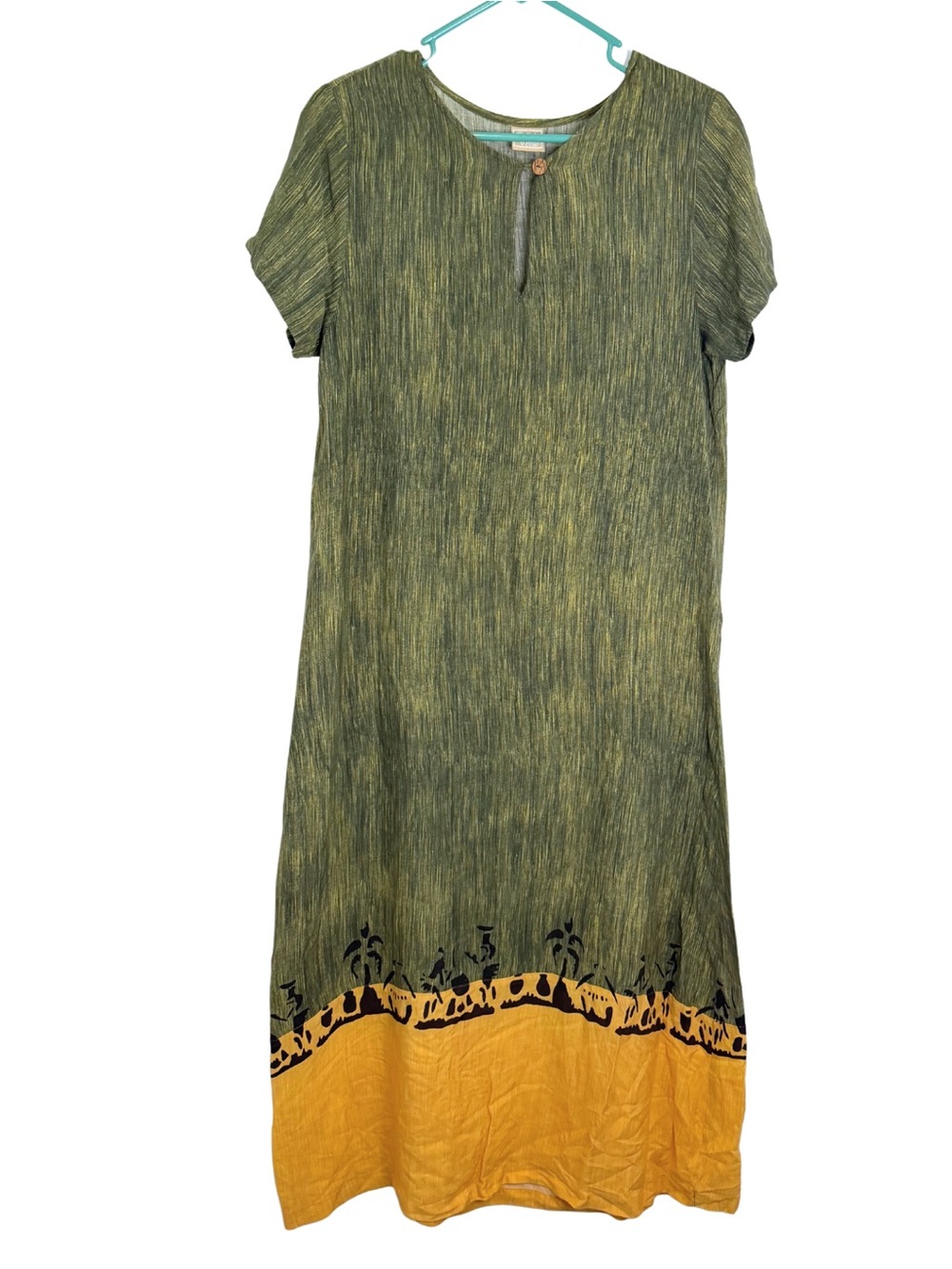 Tara Vao Two Tone Green and Mustard Short Sleeve Midi Dress